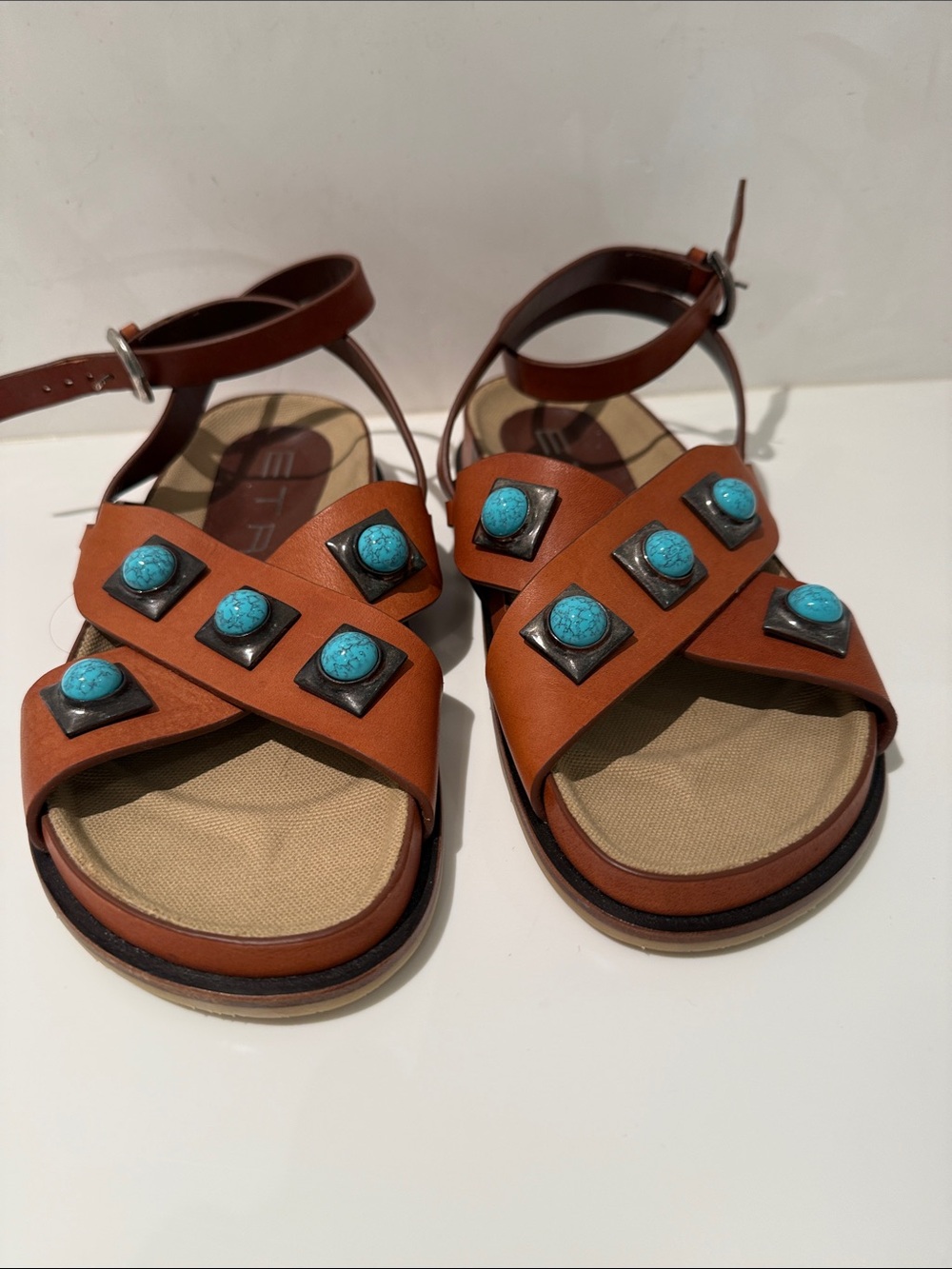 Etro Brown Leather Sandals with Turquoise Studs